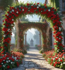Fototapeta premium A stunning Christmas archway covered in lush greenery and colorful flowers in shades of red and white , evergreen garland, spring-inspired colors, holly