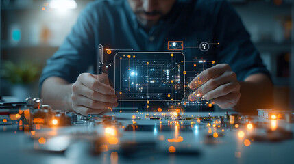 Innovative technological development event modern workspace digital interaction home office high-tech environment close-up viewpoint future concepts for aspiring engineers