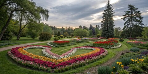 Obraz premium A stunning digital painting of a garden scene with a variety of colorful flowers in the shape of a heart surrounded by lush greenery and trees, digital paintings, garden scenes, foliage