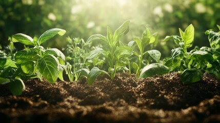 Fresh herbs and green plants growing in rich soil