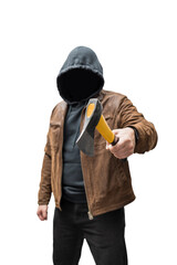 Dangerous faceless and criminal man wearing brown leather jacket and hoodie holding an axe, isolated on transparent background