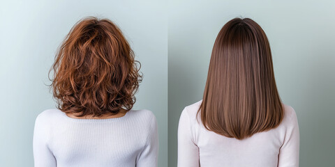 Comparison of curly and straight medium haircuts back view. Hair salon advertising