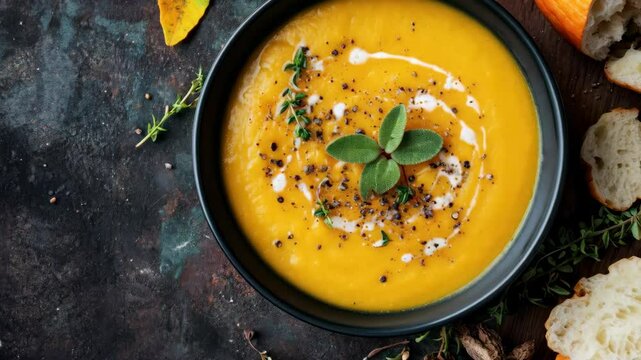 Creamy pumpkin soup topped with fresh herbs and bread slices