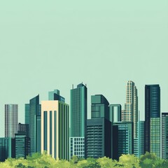 Fresh green tone city investment report poster, simple illustration pattern advertising style, concise and atmospheric, simple illustration pattern 