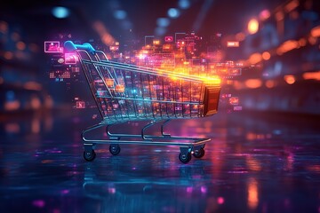 Digital shopping cart with glowing data streams. Online retail, e-commerce concept.