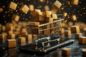 Online shopping cart filled with golden boxes, representing e-commerce and digital purchases.