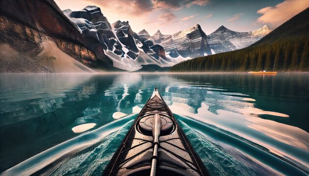 Kayaking adventure on a pristine mountain lake at sunrise