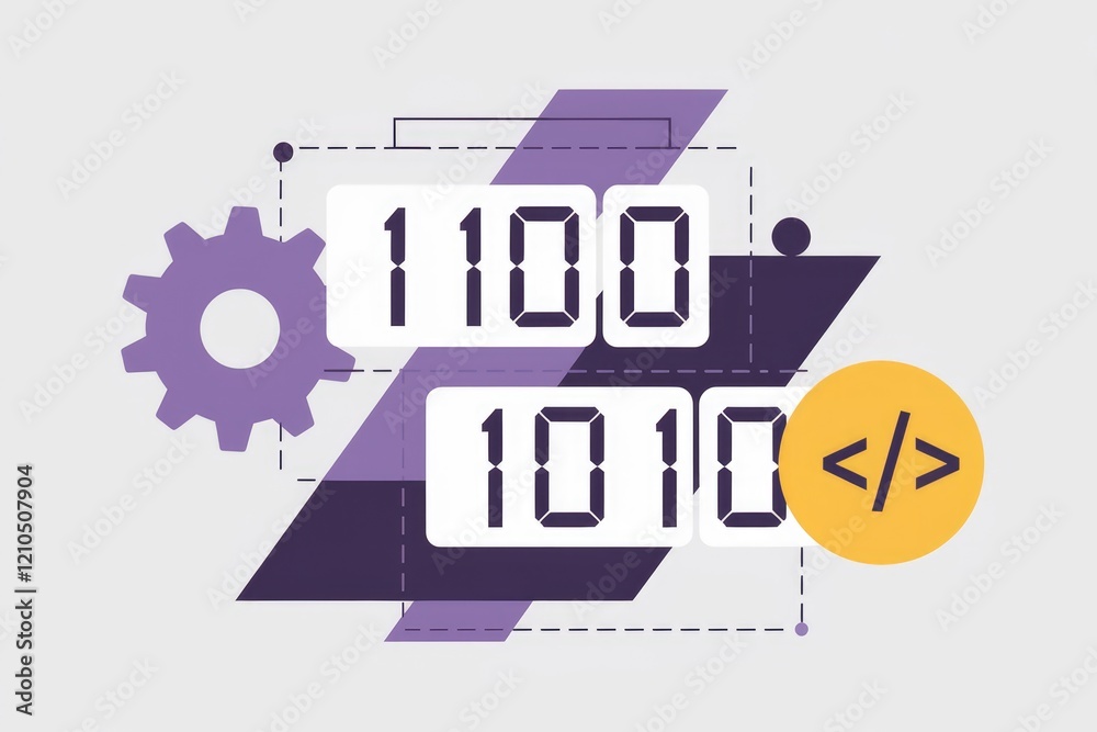 Fototapete Abstract digital illustration showing binary code, gears, and coding symbols, representing software development.