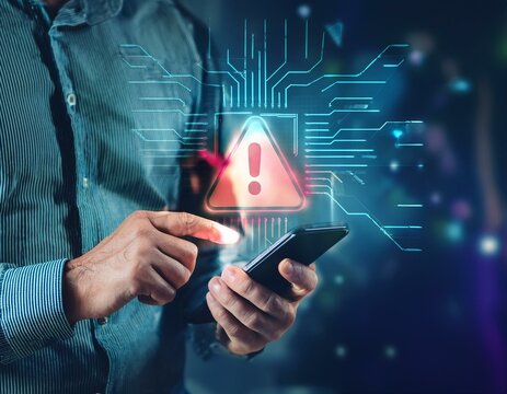 Alerta de advertencia de pirateo del sistema, hombre que usa un tel&eacute;fono inteligente con red de ciberataque, virus, spyware, estafa o software malicioso. Ciberseguridad y cibercrimen. 