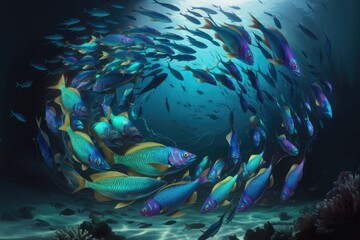 Fototapeta premium A vibrant school of iridescent fish swims in a mesmerizing underwater circle, creating a breathtaking spectacle of color and life.