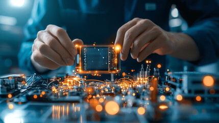 Innovative technology development in electronics manufacturing laboratory detailed focus high-tech environment close-up view cutting-edge concepts