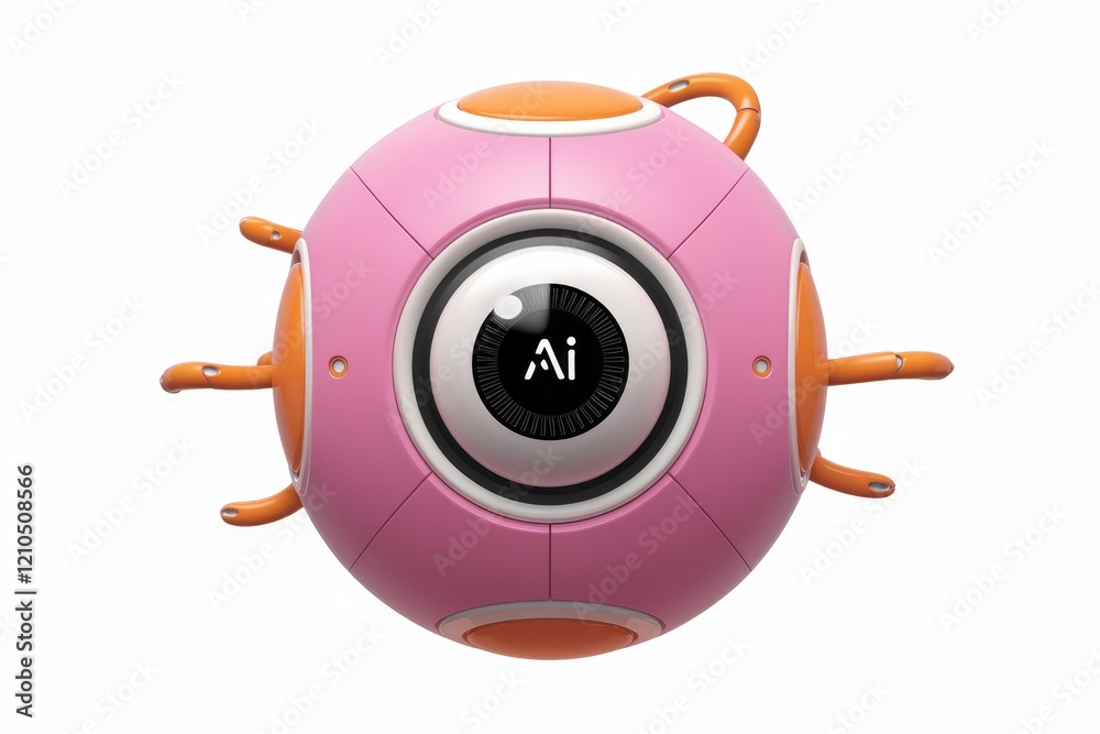 Poster pink ai robot sphere with orange appendages, futuristic and cute design.