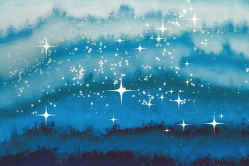 Obraz premium Watercolor painting of a night sky with twinkling stars and a gradient of blue hues.