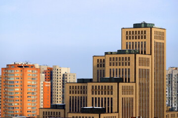 Buildings, towers, skyscrapers, houses in the city. Dnipro, Ukraine. View of the Jewish cultural center Menorah