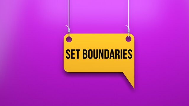 Set boundaries text on speech bubble. Hanging speech bubble and purple background