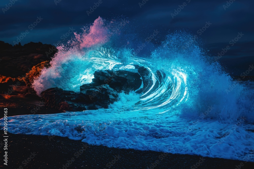 Poster a mesmerizing nighttime wave illuminated with vibrant blue and pink hues crashes against dark rocks,