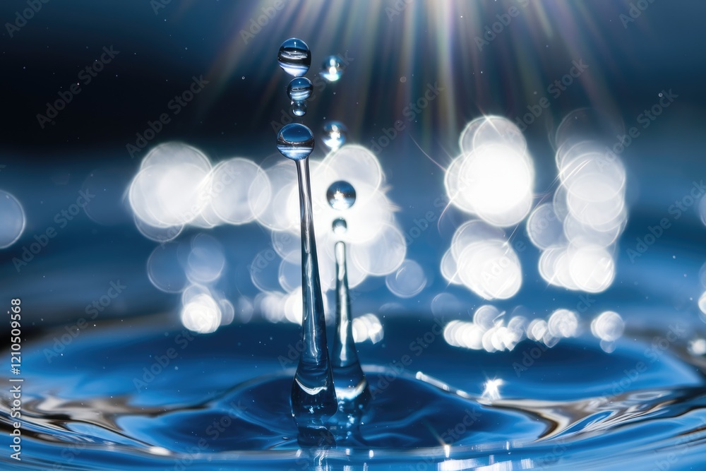 Poster Water droplet collision creating stunning crown splash with bokeh background.