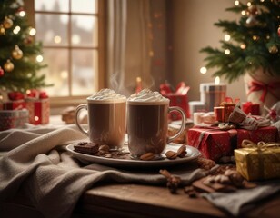 A warm and cozy Christmas morning scene with hot chocolate and presents, relaxing scene, togetherness