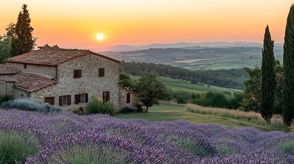 Tuscan Sunrise: Lavender Fields and Stone Farmhouse