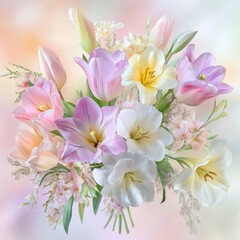 Obraz premium Elegant spring bouquet with mixed flowers featuring lilies, tulips, and pastel colors arranged beautifully