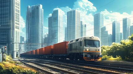 Fototapeta premium A train carrying cargo containers through a city, with urban skyscrapers in the background, showing the integration of rail transport in city logistics