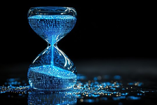 Digital hourglass with blue glowing data particles flowing through time. - Powered by Adobe