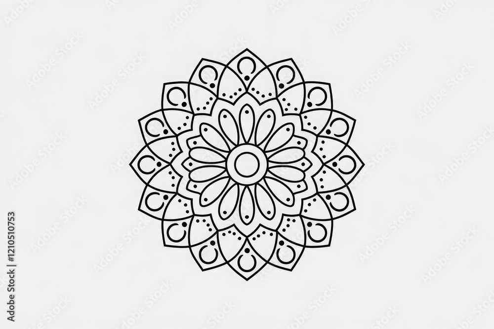 Poster a black and white mandala design with intricate floral patterns, symmetrical and circular.