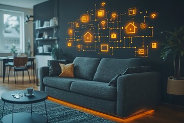 Smart home technology visualized on a living room wall, showcasing connected devices and automated systems in a modern apartment.