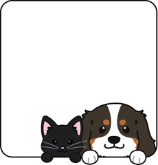 Simple and adorable black cat and Cavalier King Charles Spaniel coming out of a square shape