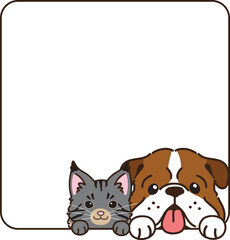Simple and adorable Maine Coon cat and Bulldog coming out of a square shape