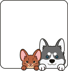 Simple and adorable Abyssinian cat and Siberian Husky dog coming out of a square shape