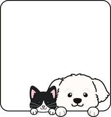 Simple and adorable Tuxedo Cat and Maltese dog coming out of a square shape