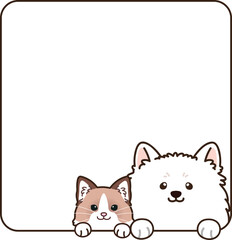 Simple and adorable Ragdoll cat and Spitz dog coming out of a square shape