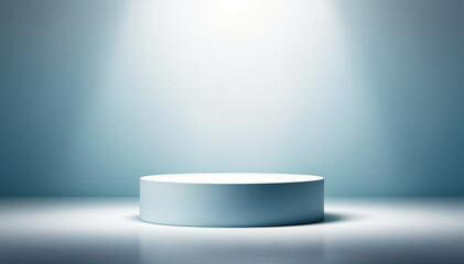 Fototapeta premium A simple, clean, and minimalist podium with a spotlight shining on it. The podium is white and sits on a light blue background, with a reflective surface that adds a touch of depth. 