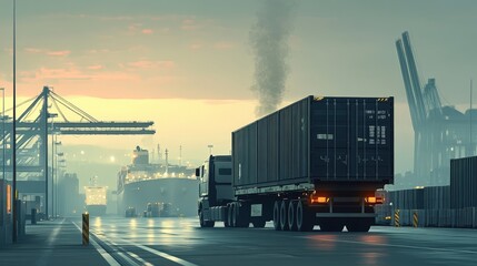 A truck carrying containers driving through an industrial port, with cranes and ships in the background, highlighting the global flow of goods