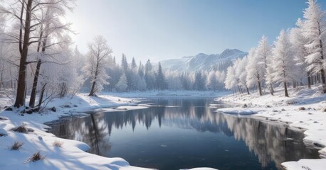 A winter wonderland scene with snow-covered trees and a frozen lake, forest, christmas, beauty