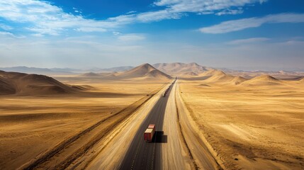 Fototapeta premium A truck convoy driving through a vast desert highway, carrying goods across long distances, with a bright blue sky and arid landscape in the background, symbolizing resilient logistics