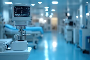 Medical monitor in a modern hospital ward.  Clean, sterile environment with advanced medical equipment visible in the background.