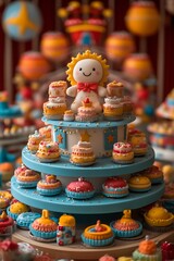 Obraz premium Three-tiered cake stand with miniature cakes and sun character.