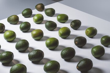 A grid of fresh green avocados arranged on a white surface, showcasing their vibrant color and texture.