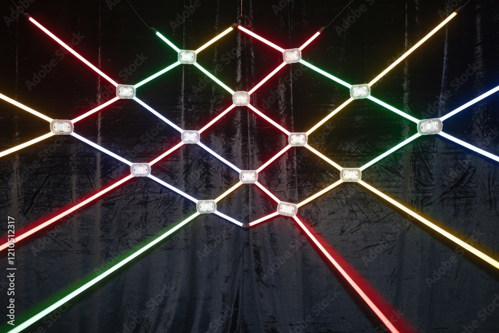 Poster colorful neon lights arranged in a crisscross pattern on a dark background.