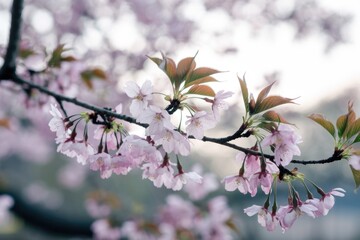 Delicate pink cherry blossoms in full bloom, showcasing their soft petals and vibrant colors against a blurred background.