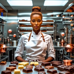 female master chef chocolatier working in artisanal professional chocolate laboratory