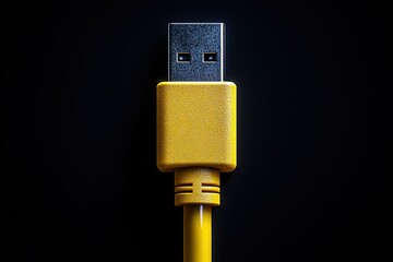 Close-up of a yellow USB connector against a black background. The detail highlights the connector's texture and design.