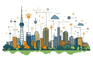 Smart city skyline with interconnected buildings and technology.