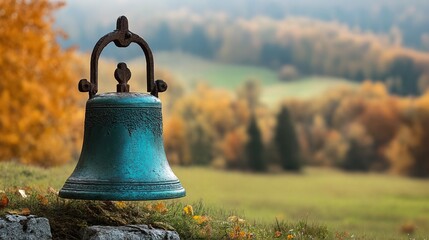 Obraz premium A weathered bronze bell sits atop a rock in an autumnal field.