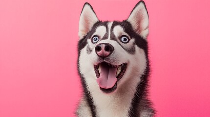 Obraz premium a husky with blue eyes and its mouth open on a pink background.
