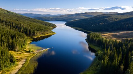 Obraz premium Serene Mountain Lake Reflection: An Aerial View of a Picturesque Landscape