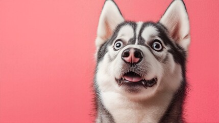 Fototapeta premium a husky with blue eyes and its mouth open on a pink background.