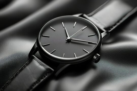 Elegant black wristwatch with leather strap, resting on dark fabric. Minimalist design. - Powered by Adobe